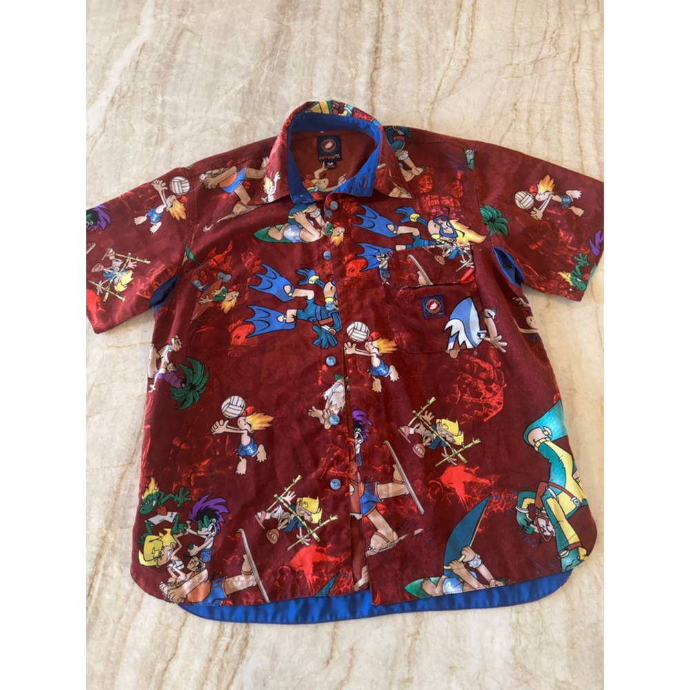 Men's vintage JNCO Flamehead USA Red & Blue Graphic Casual Button Down Shirt M